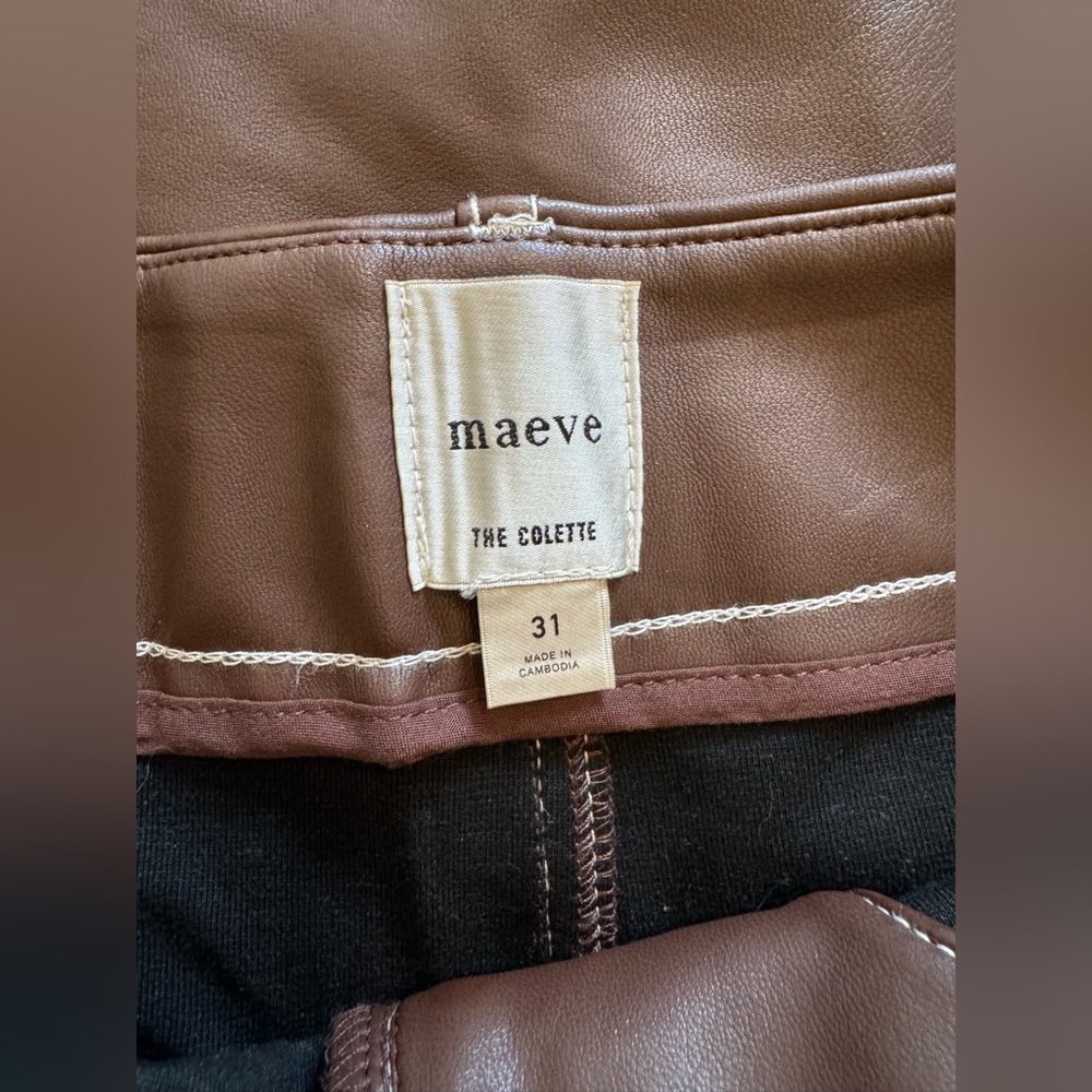 Maeve Colette Chocolate Faux Leather Contrast Stitch Pants, 31 - Picture 3 of 7